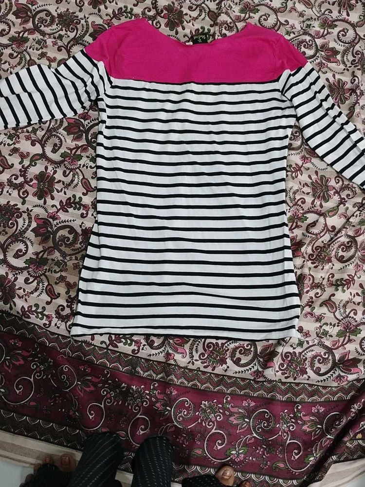 Striped Tunic Top with Pink Neck