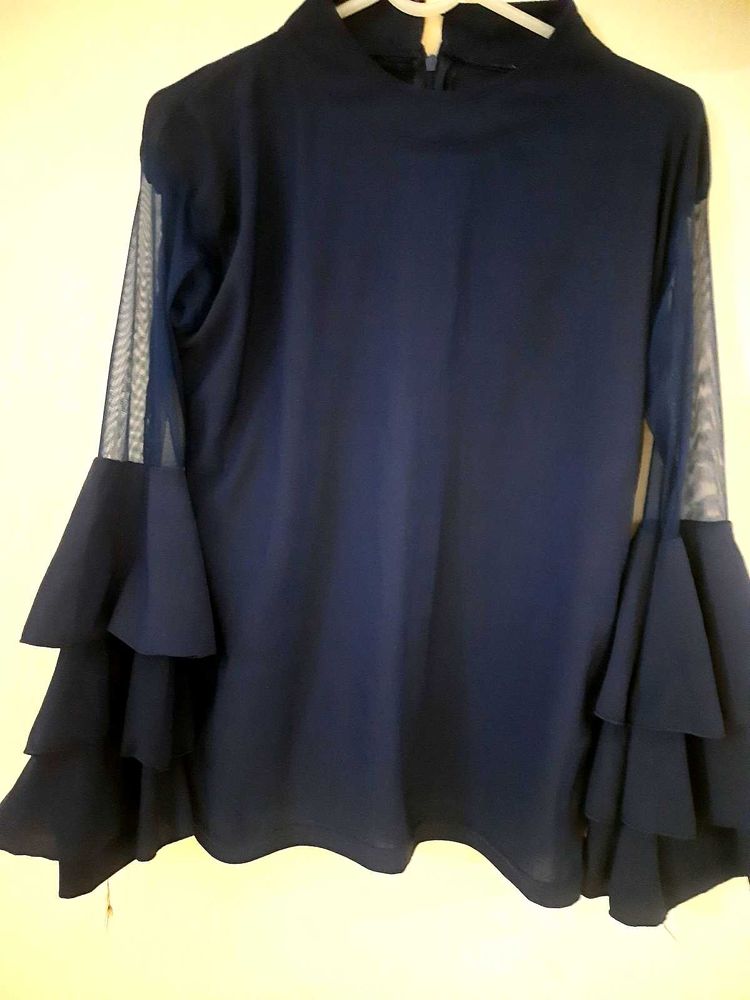 Navy Blue Ruffled Sleeve Top