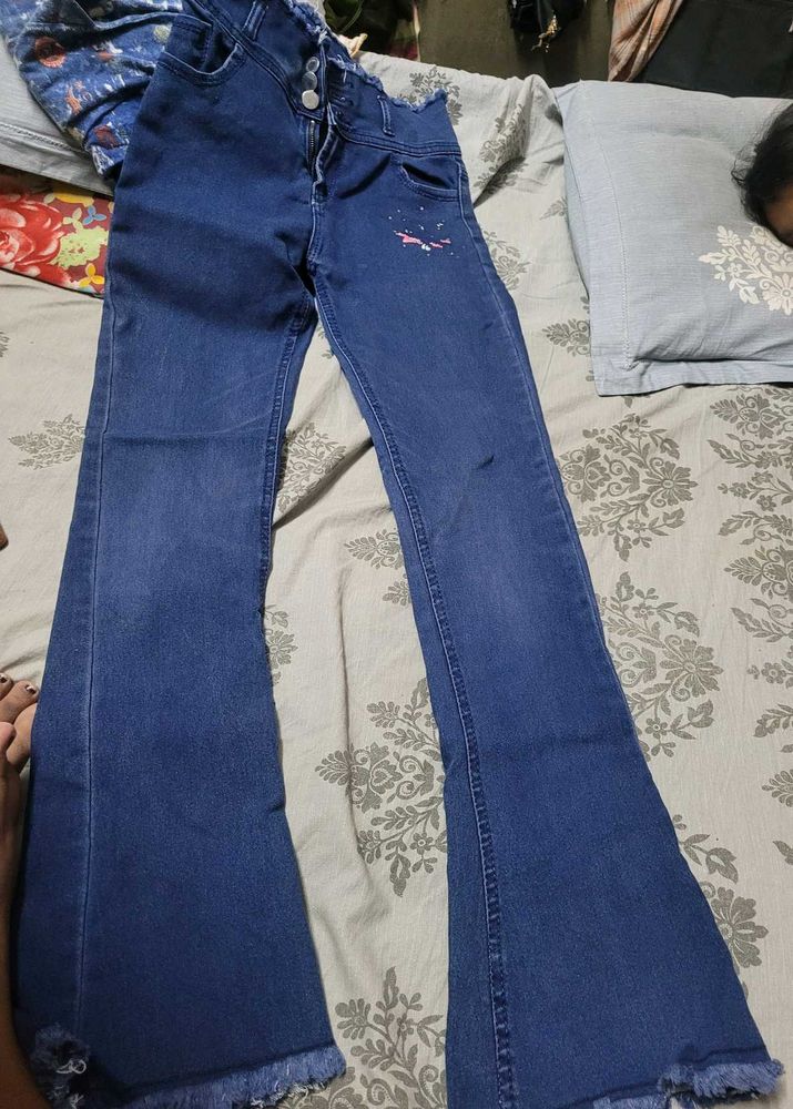 Blue Flare Jeans with Frayed Hem
