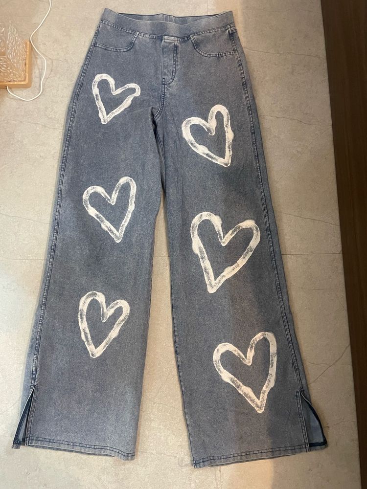 Cute Heart Print Wide Leg Jeans
