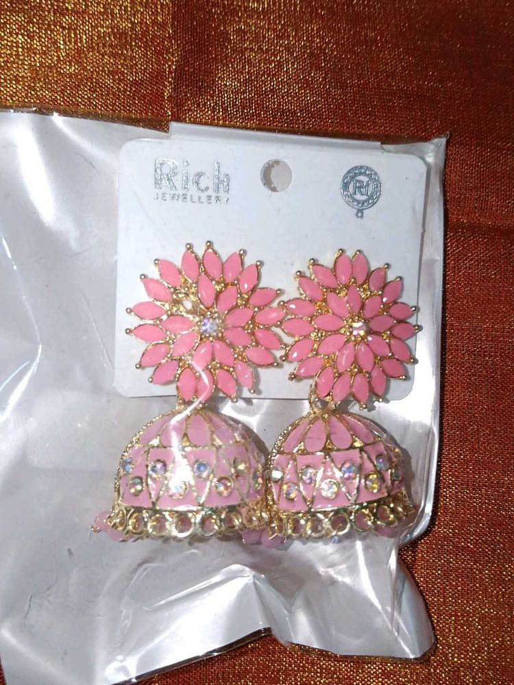 Pink Jhumka Earrings with Floral Design