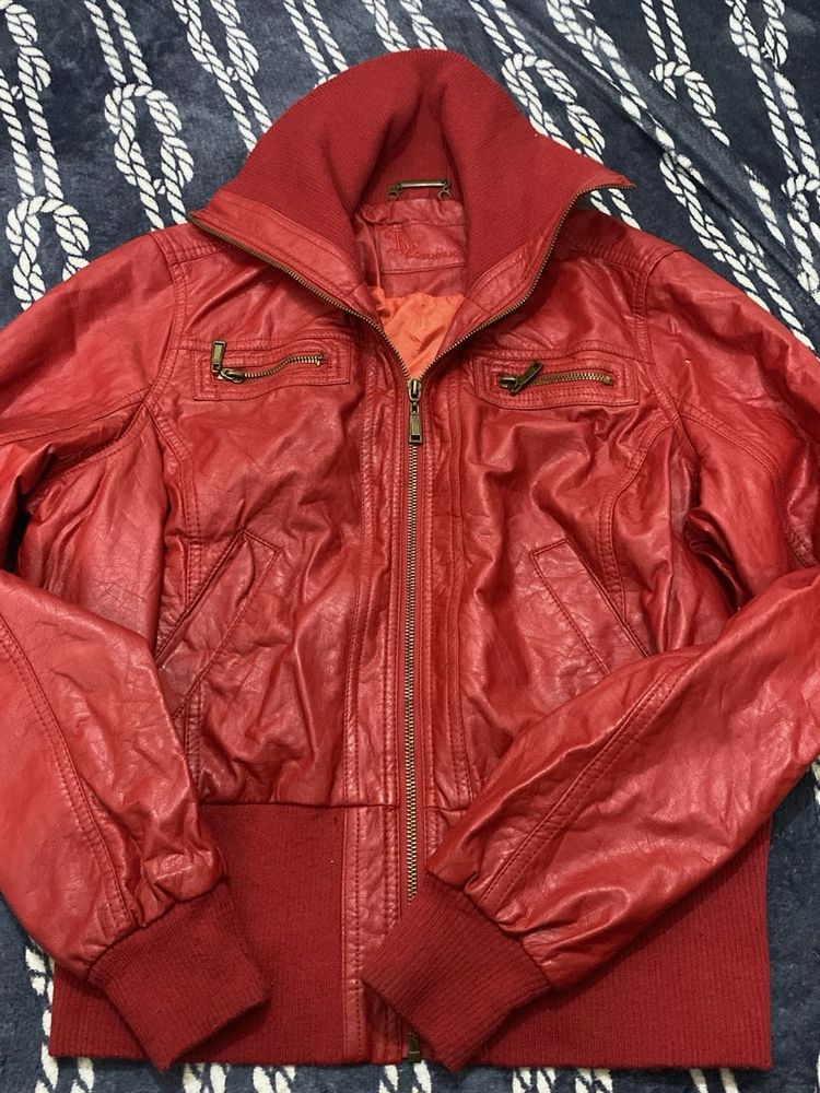 Red Faux Leather Bomber Jacket waist length
