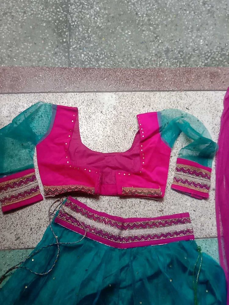 Pink &amp; Teal Embroidered Lehenga Set