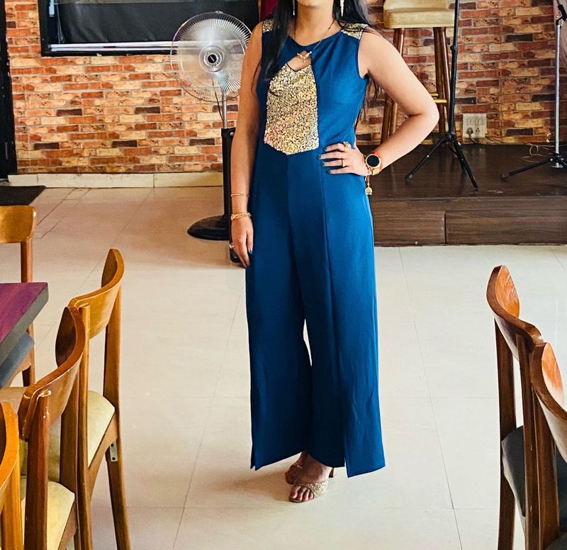 Stylish Teal Jumpsuit with Gold Embellishment
