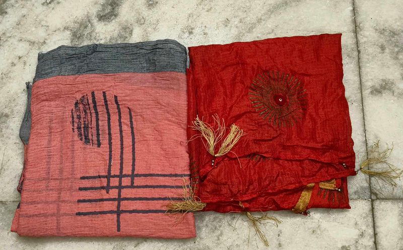2 Dupatta Combo – Red Ethnic + Pink Printed Dupatt