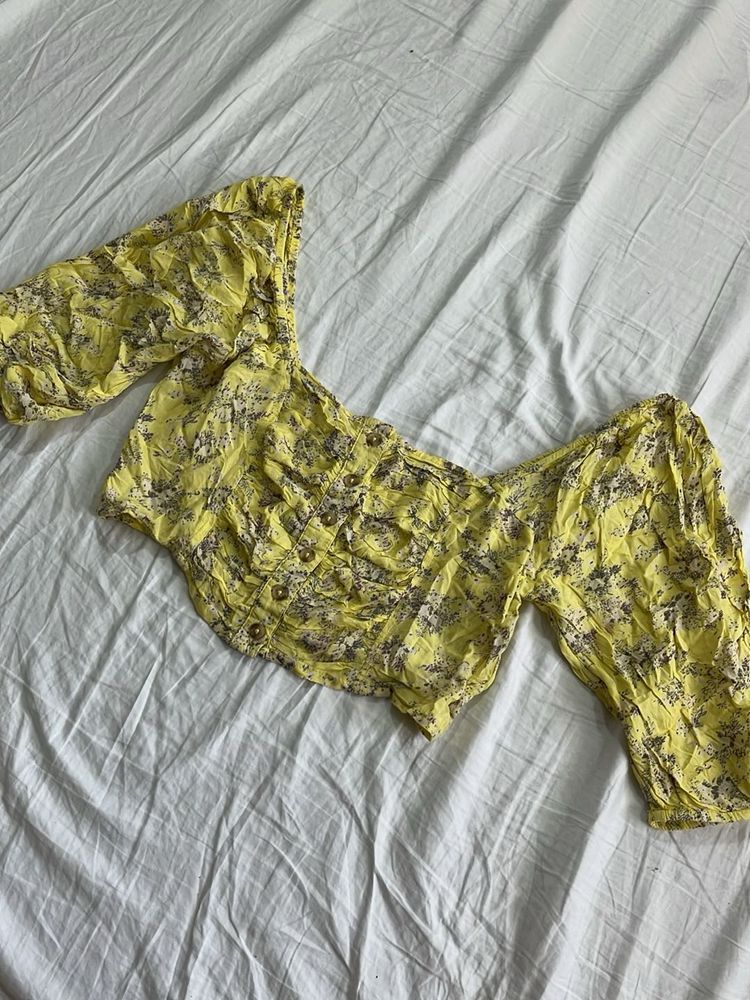 Yellow Floral Print Off-Shoulder Top