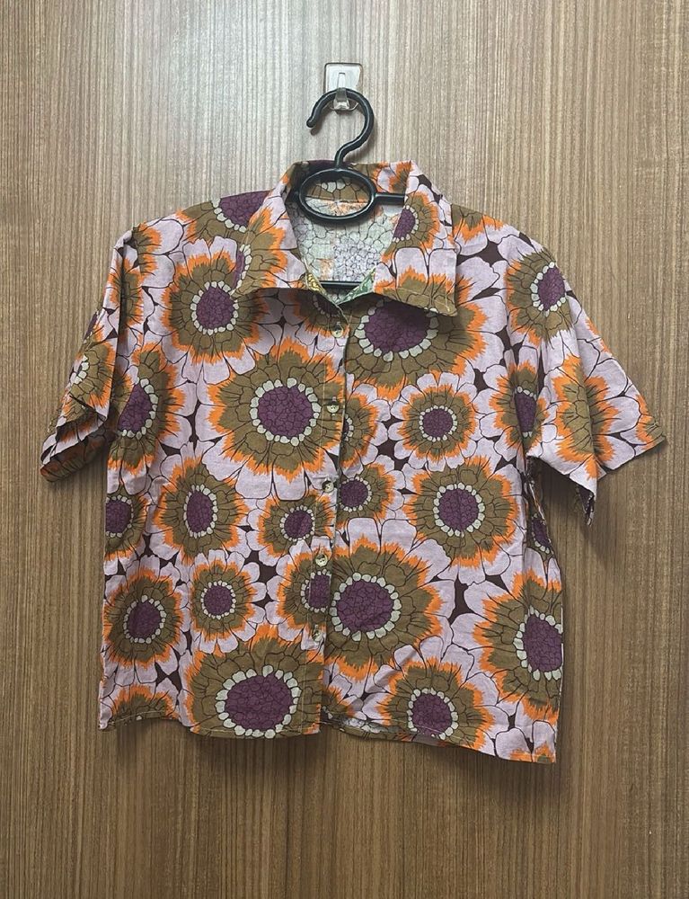 Retro Floral Print Button-Up Shirt
