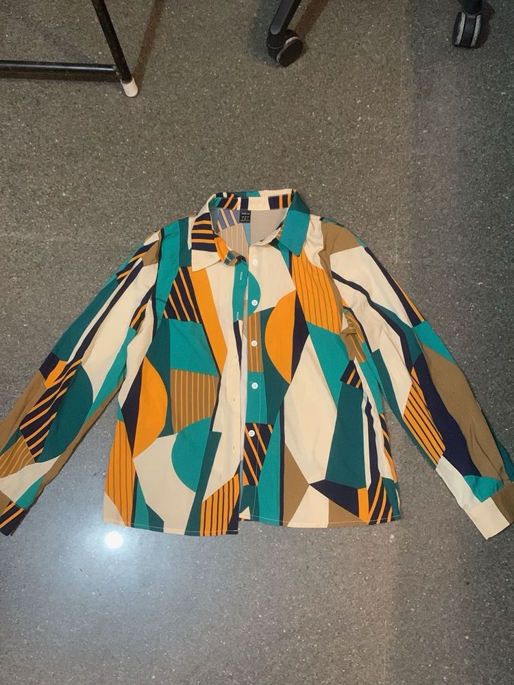 Retro Geometric Print Button-Up Shirt