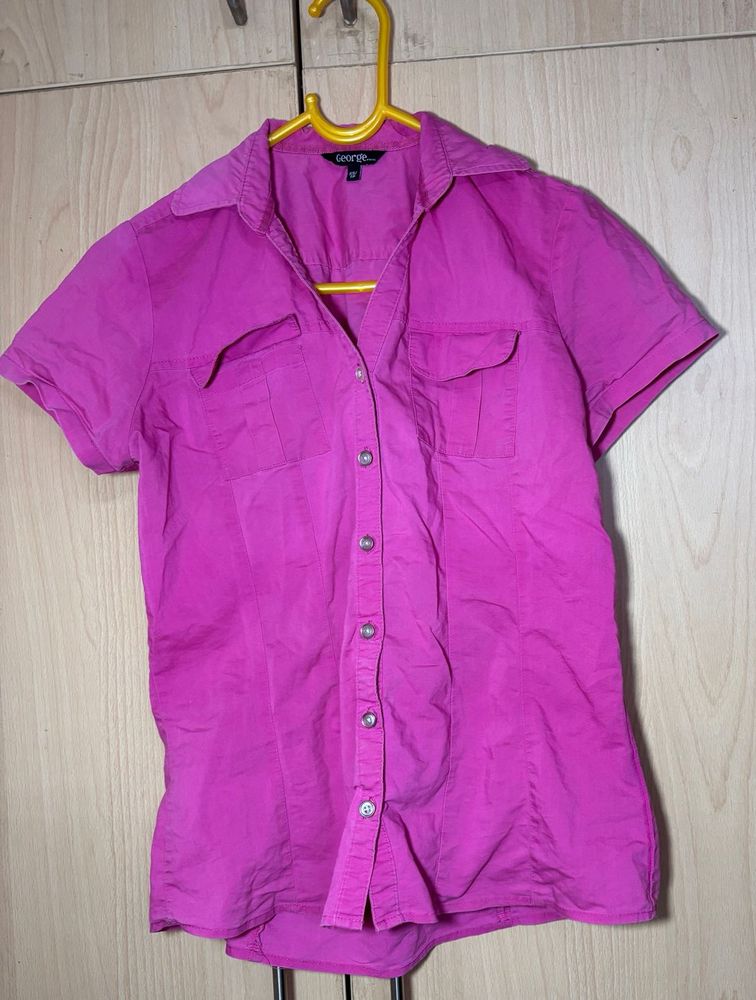 Vibrant Pink Short-Sleeve Button-Up Top