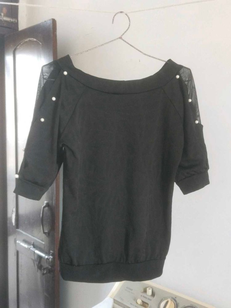 Stylish Black Top with Pearl Detail