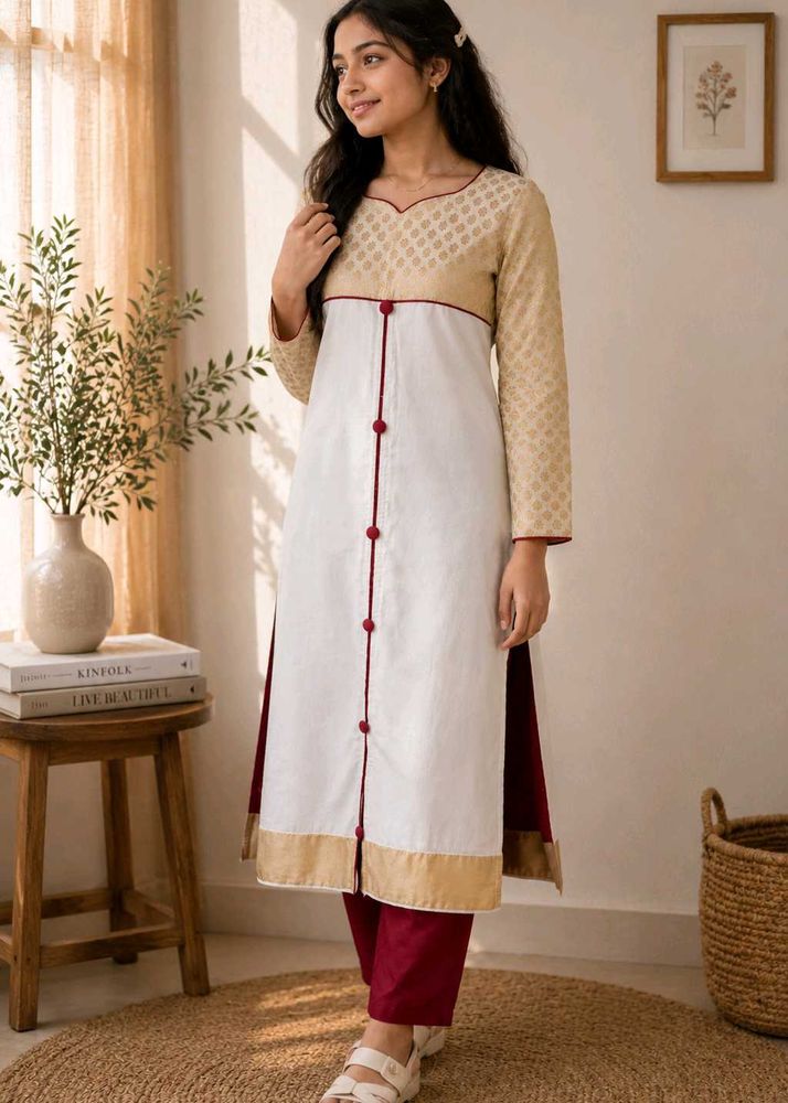 Elegant White &amp; Gold Ethnic Kurta Set