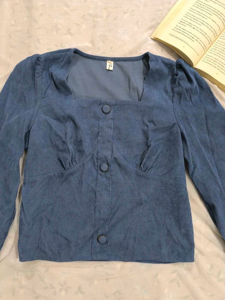 Blue Corduroy Button-Down Top