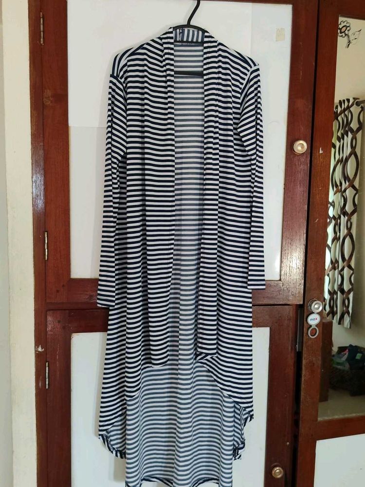 Striped Open Front Long Cardigan