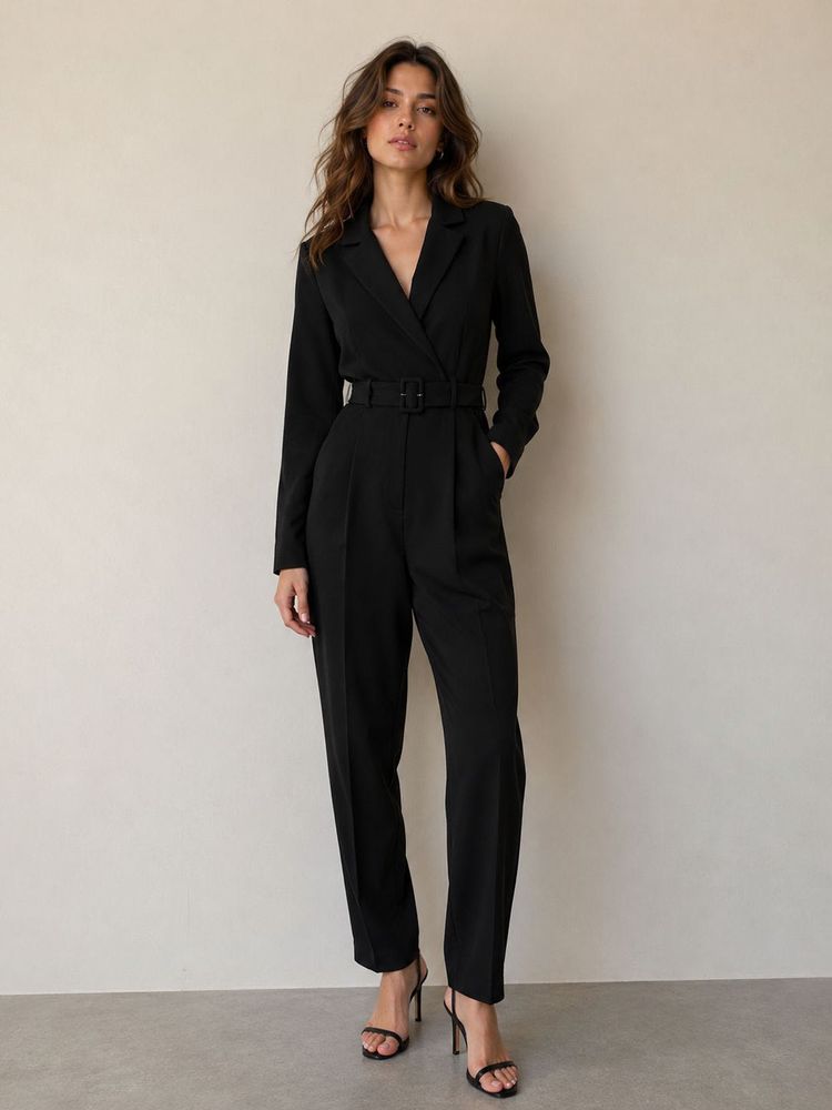 Chic Black Belted Blazer Jumpsuit