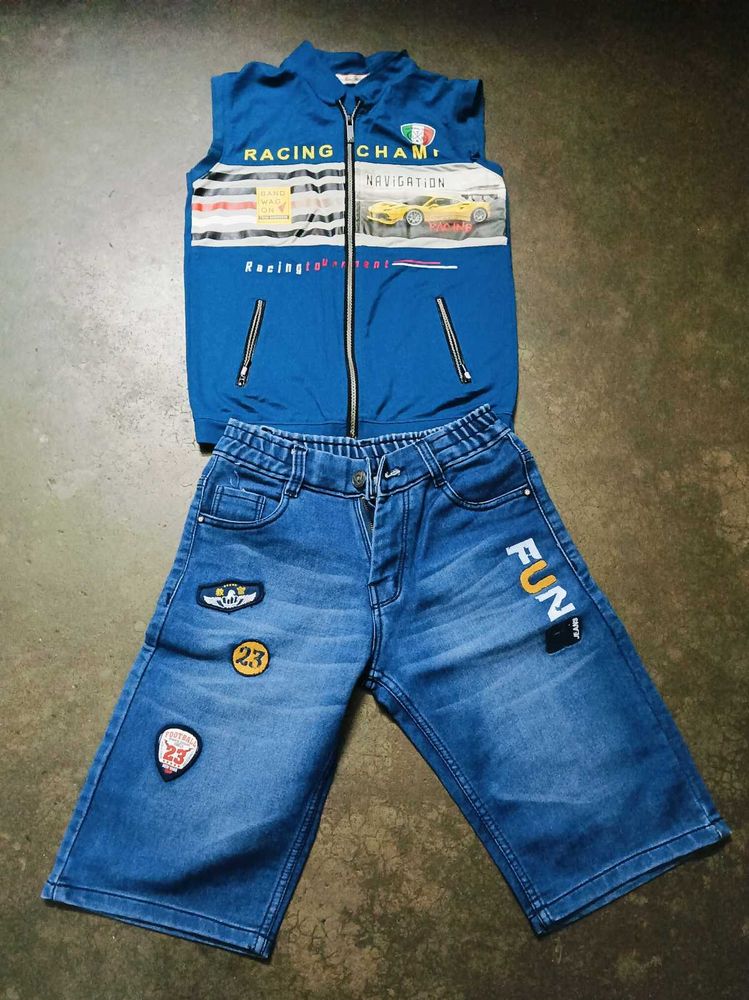 Kids Blue Racing Print Vest &amp; Denim Shorts Set