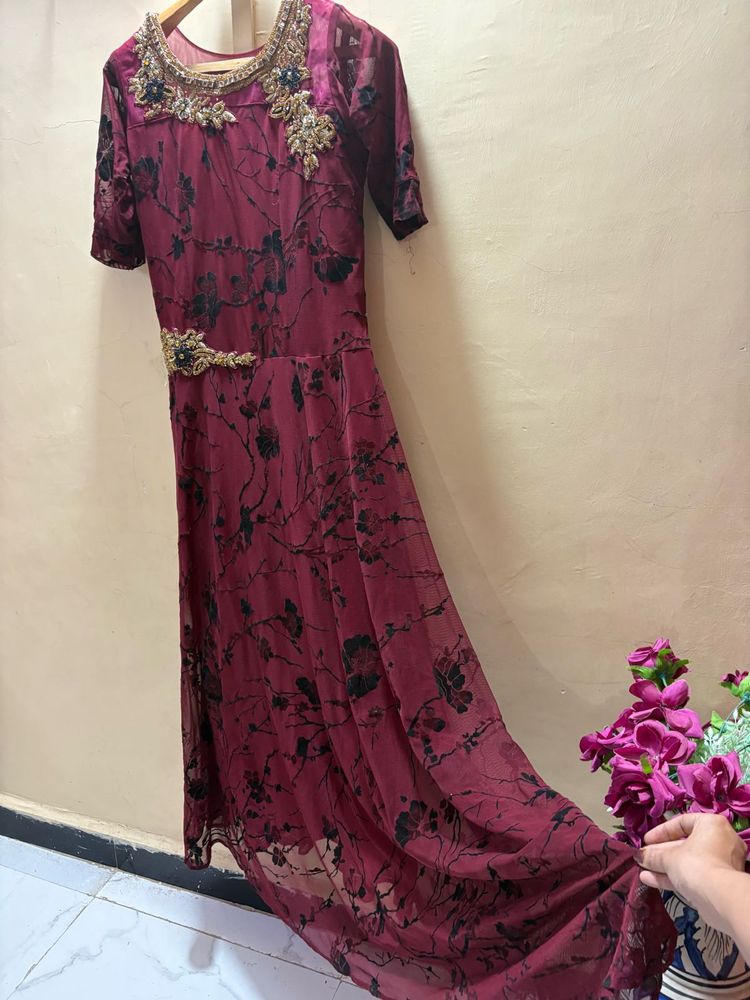 Elegant Burgundy Floral Gown