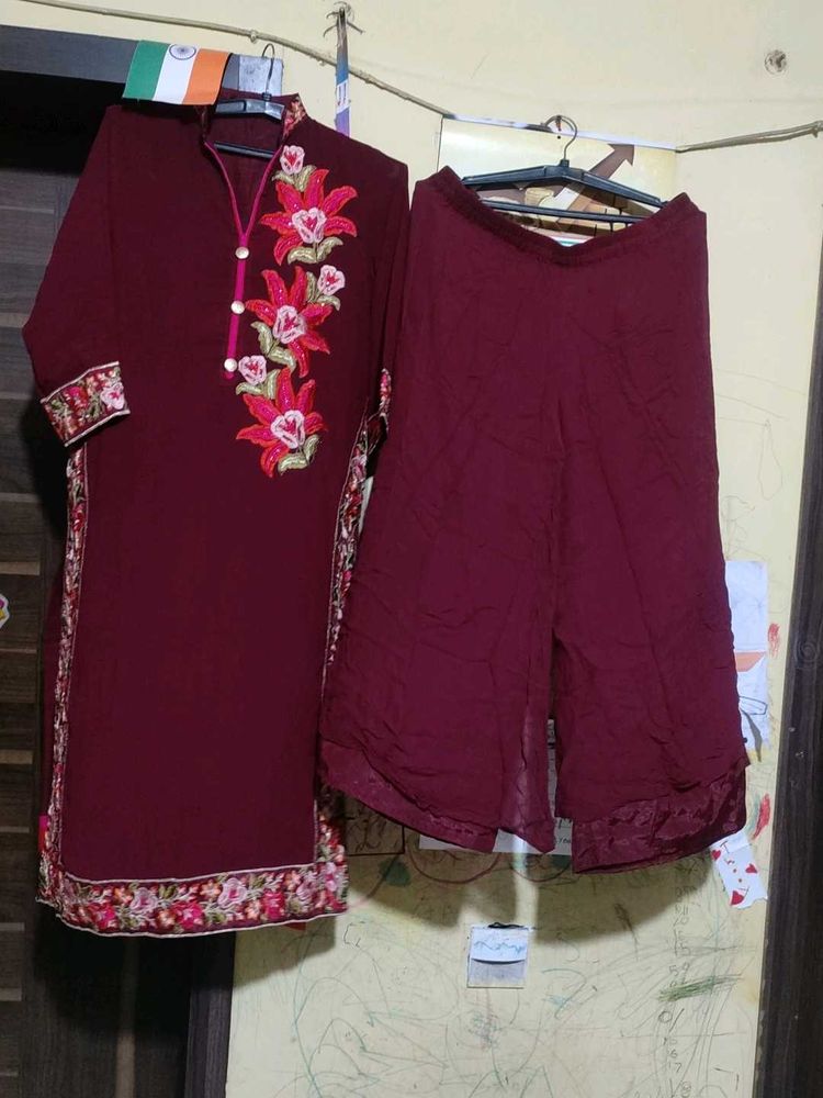 Maroon Embroidered Kurta Set