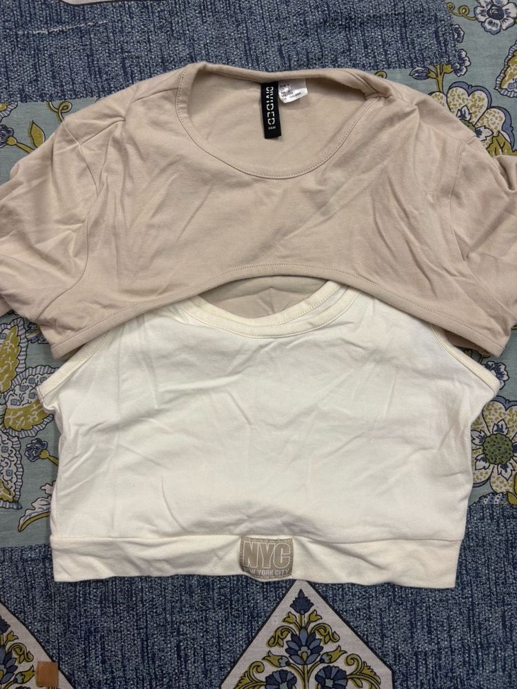 H&amp;M Divided Beige &amp; White Cropped Tops Set