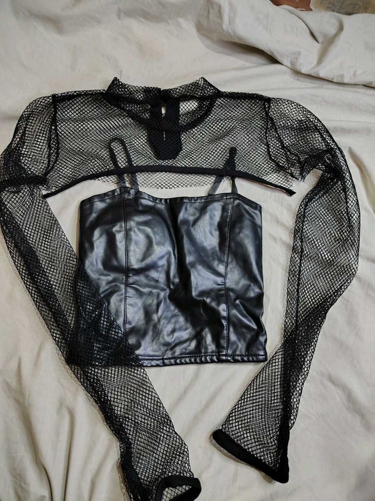 Black Mesh Long Sleeve with leather Top