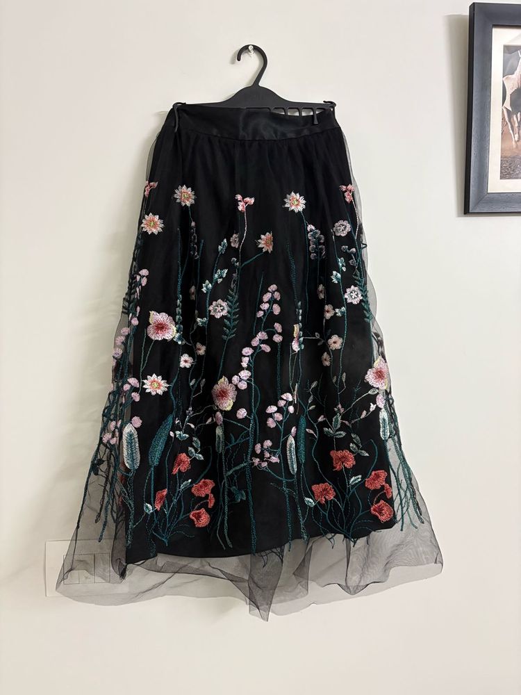 Black Embroidered Tulle Skirt