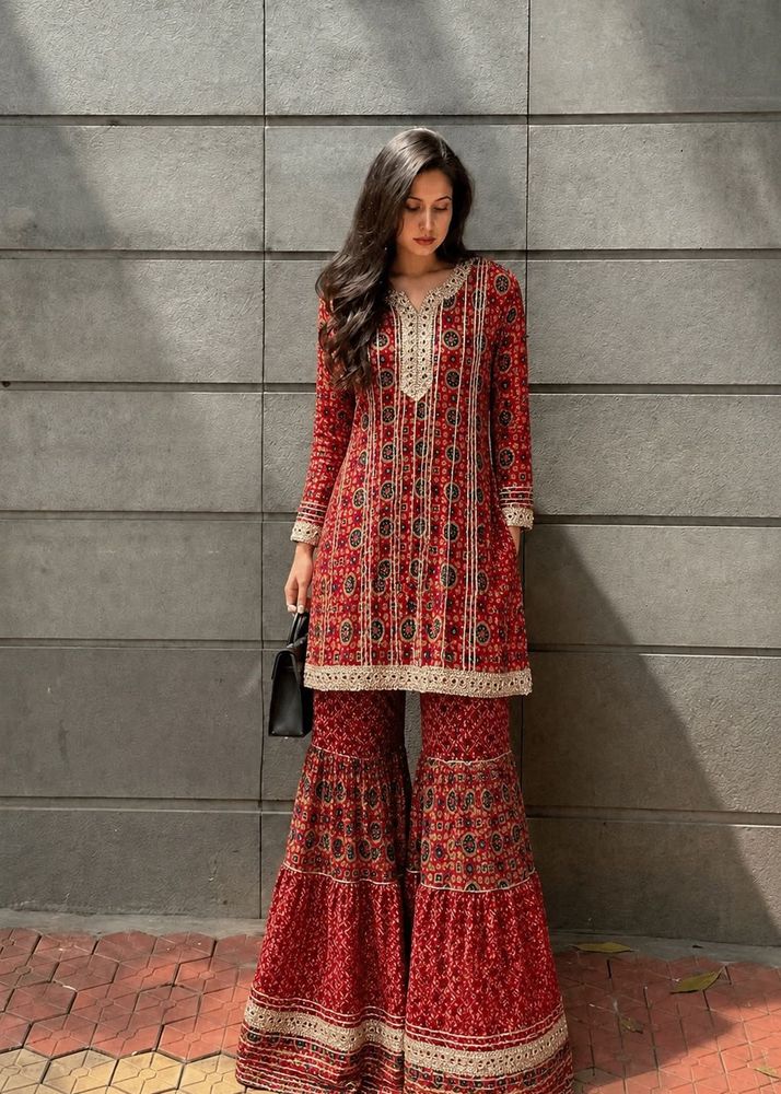 hot Red Printed Kurta Set with Flared Pants