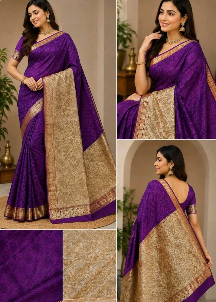 Vibrant Purple Silk Saree with Gold Border