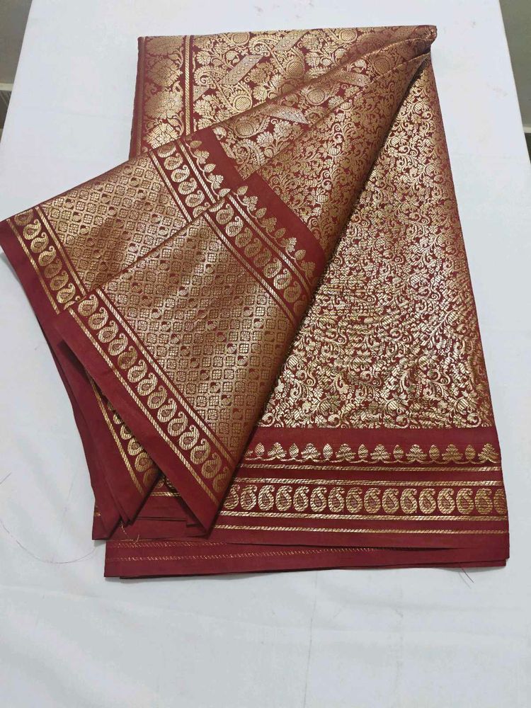 Maroon &amp; Gold Brocade Silk Saree