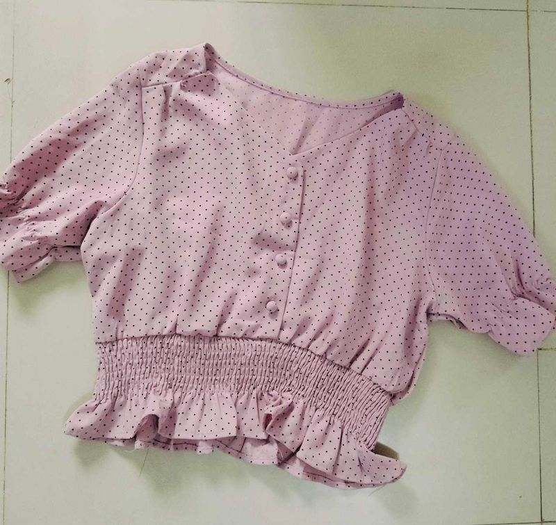 Lilac Polka Dot Top with Ruffled Hem