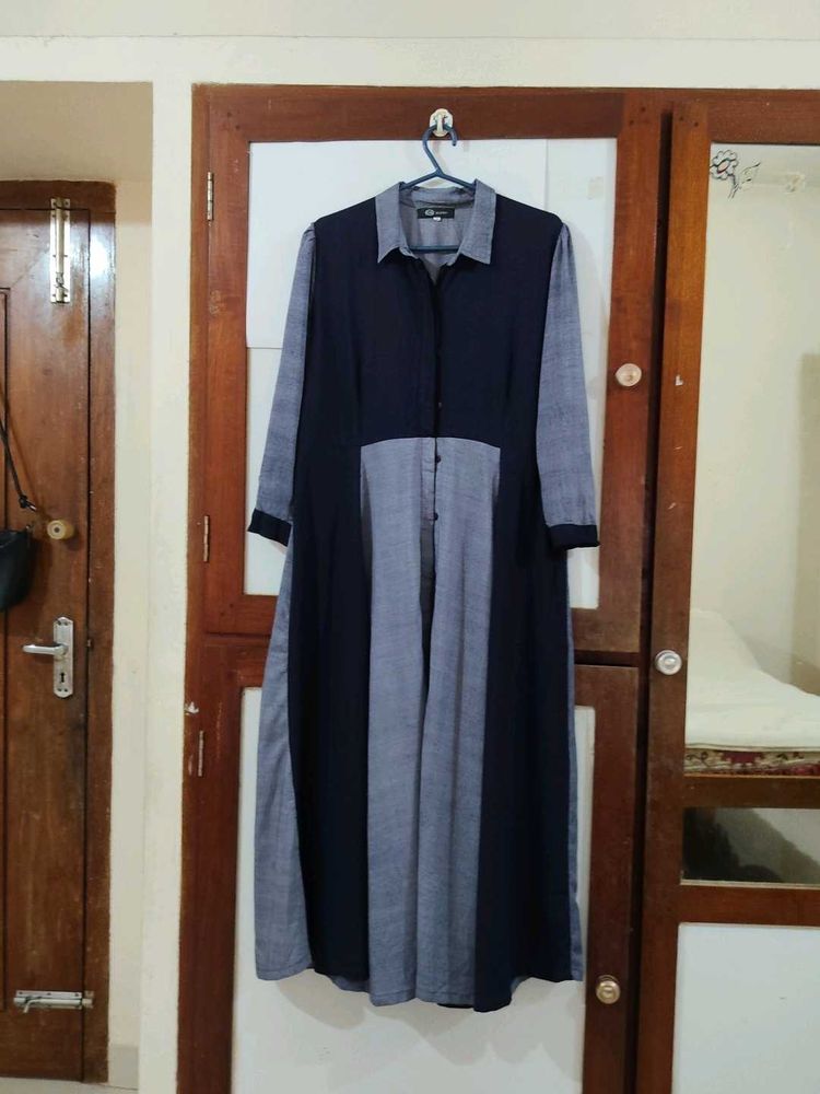 Elegant Navy Blue &amp; Grey Long Shirt Dress