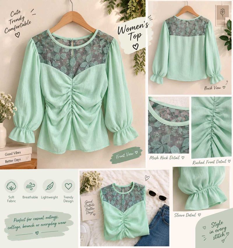 Women's Trendy Ruched Mesh Neck Top