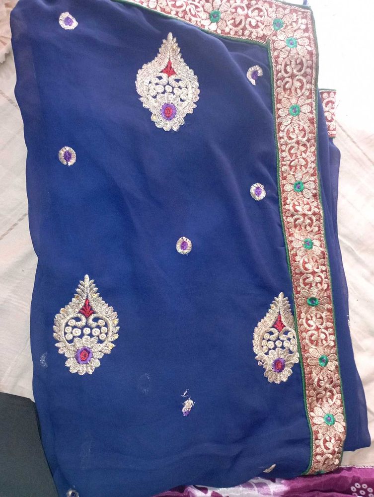 Blue Embroidery Work Saree