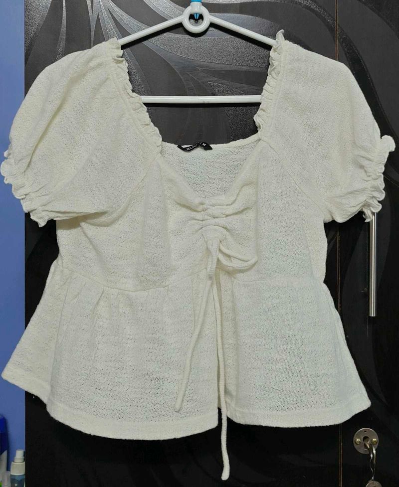 White Puff Sleeve Cinched Top