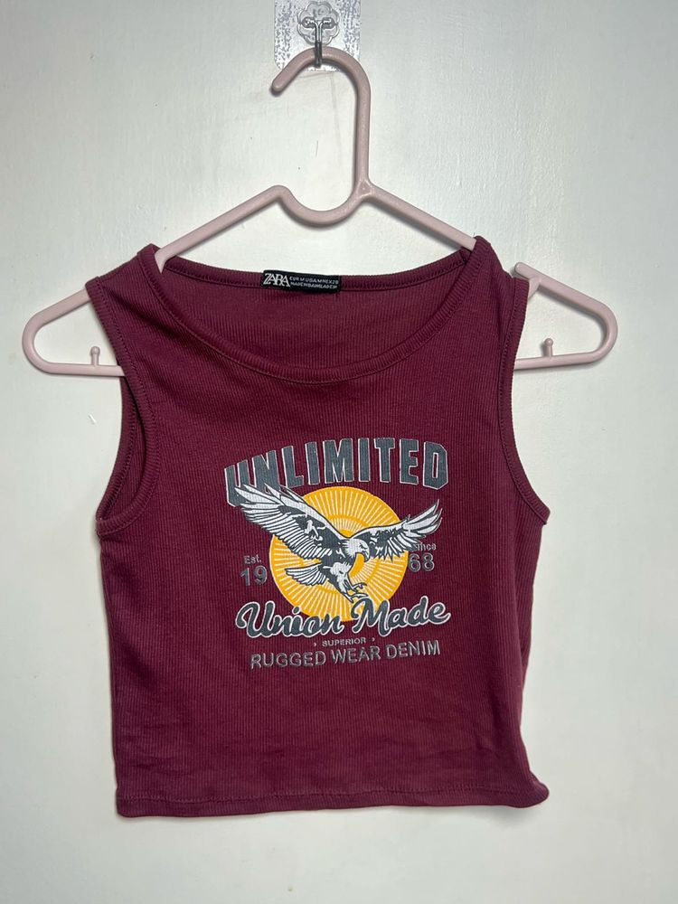 Maroon Graphic Print Cropped Tank Top