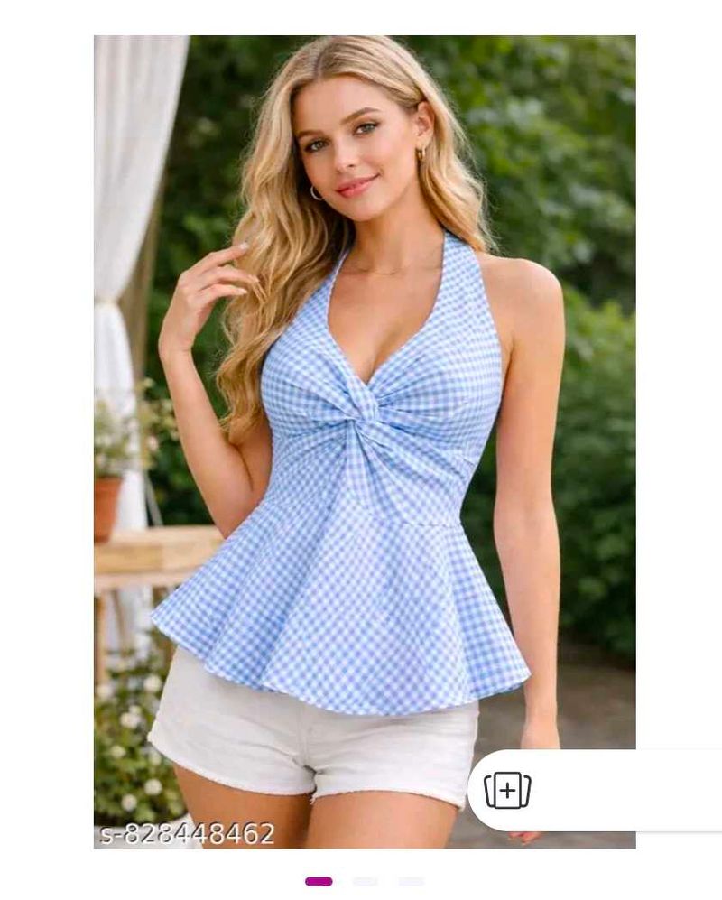 purple Gingham Halter Neck Peplum Top