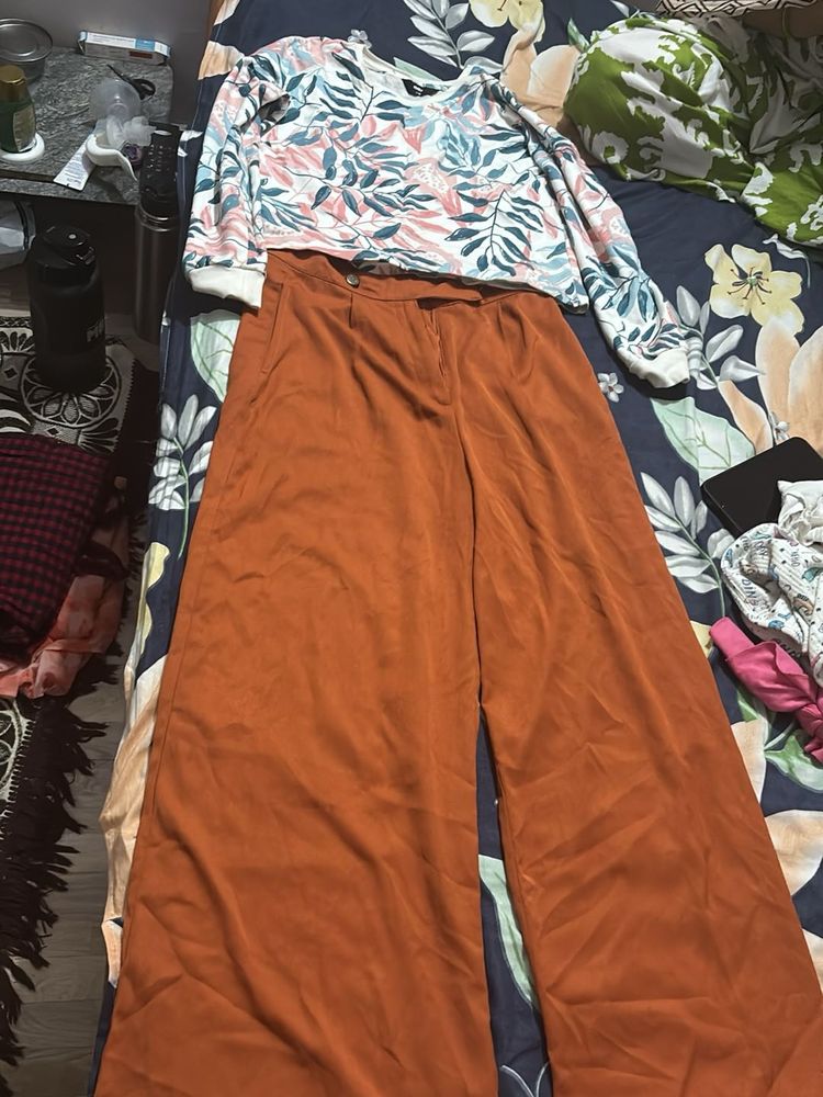 Leaf Print Top &amp; Wide Leg Pants Set