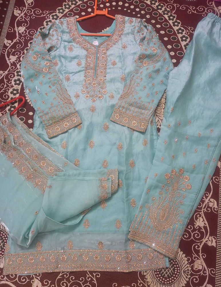Embellished Teal Kurta Set with Pants