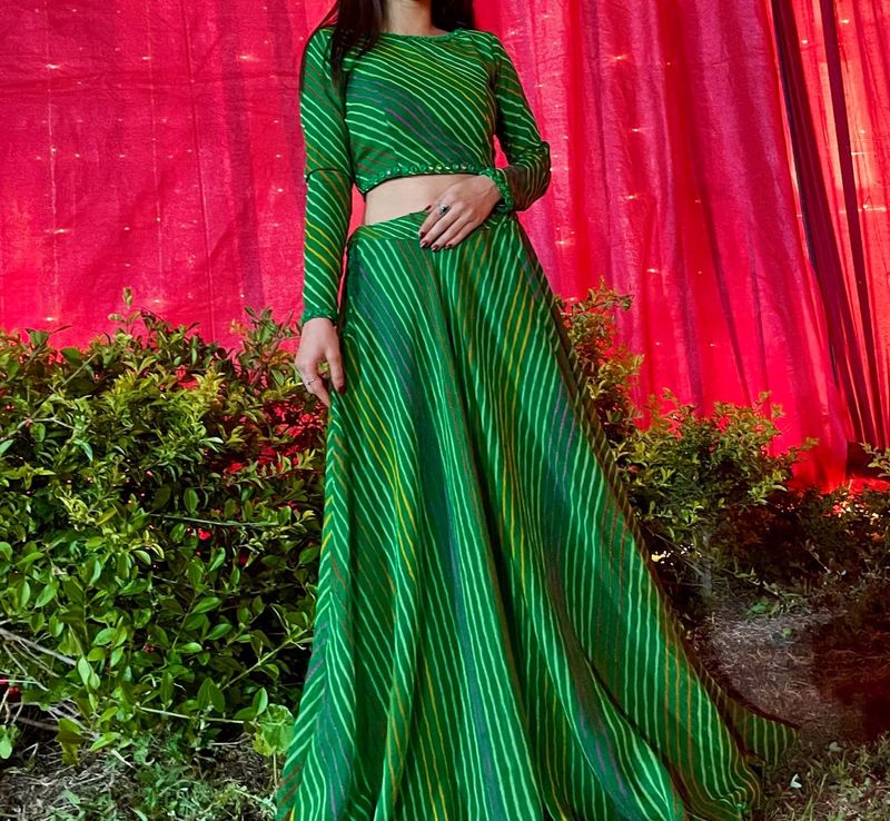 Navratri Green leheriya choli with Mirror Work