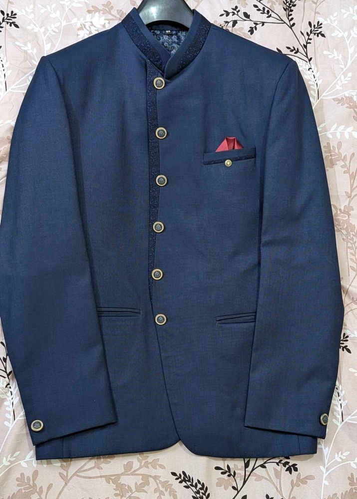 Rajput Pattern Navy Blue Cotton Silk Bandhgala