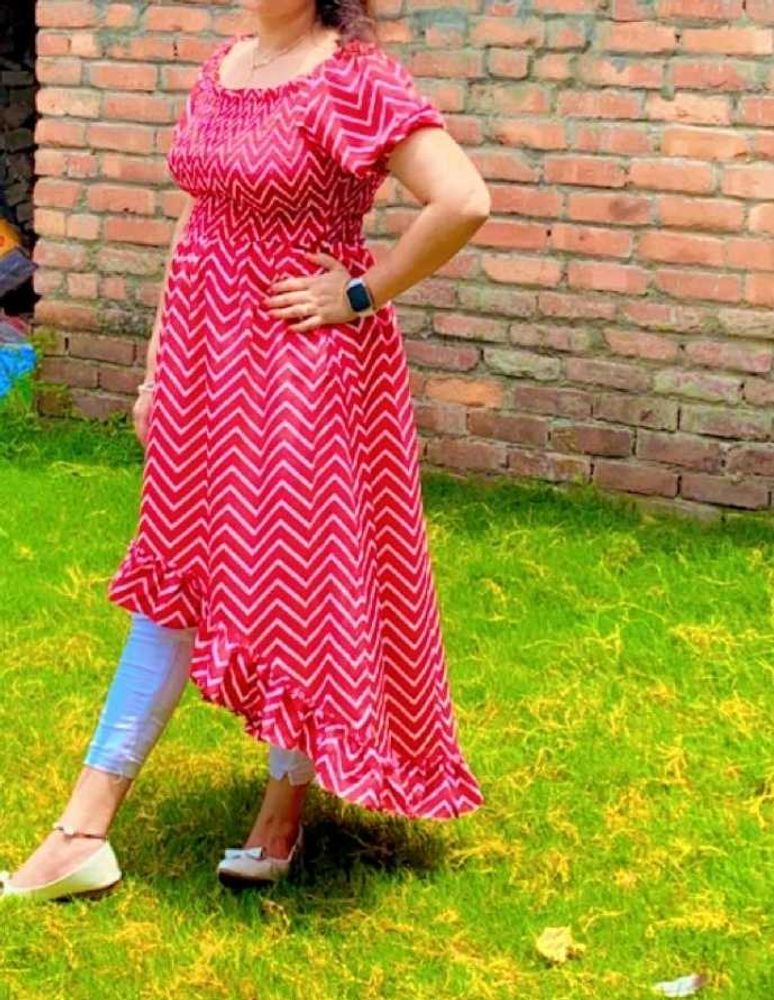 Chic Red &amp; White Zigzag Print Kurta