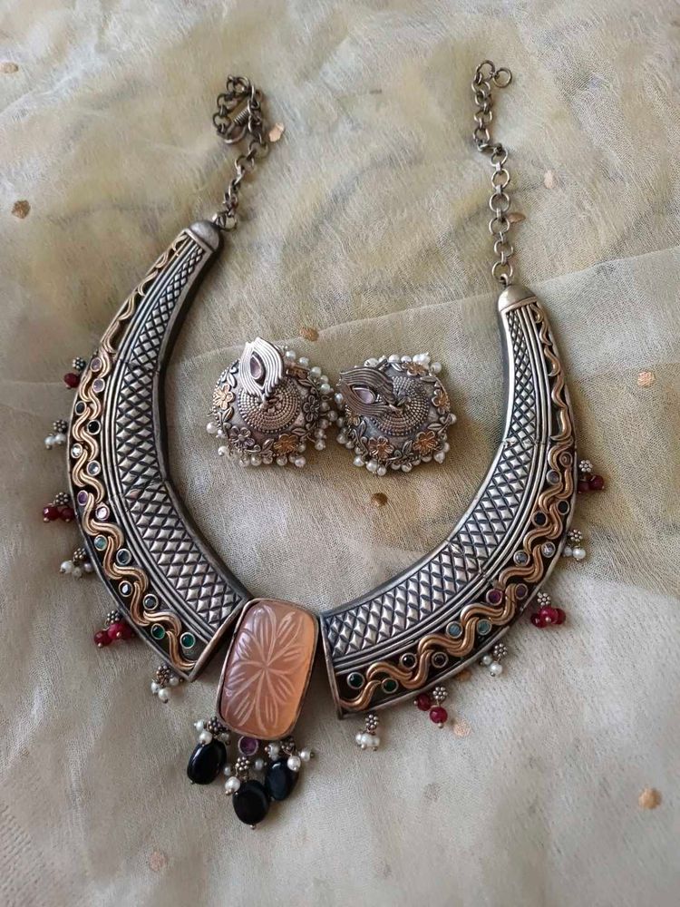 Brass Necklace &amp; Earring Set with handcarved stone