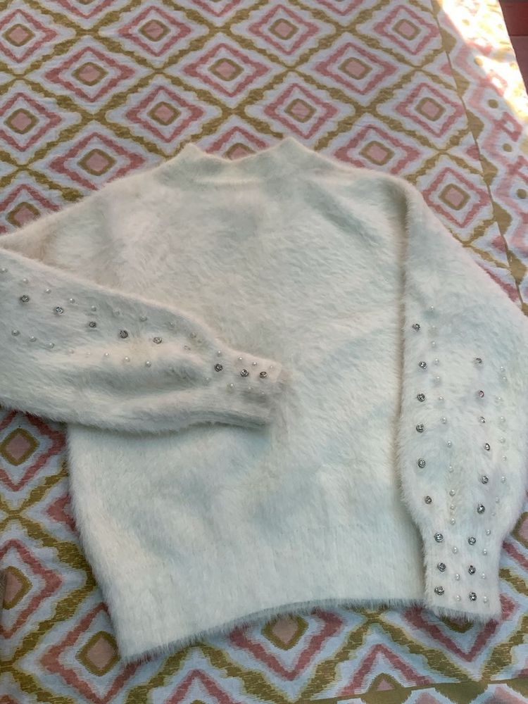 Cream fuzzy sweater with pearl details