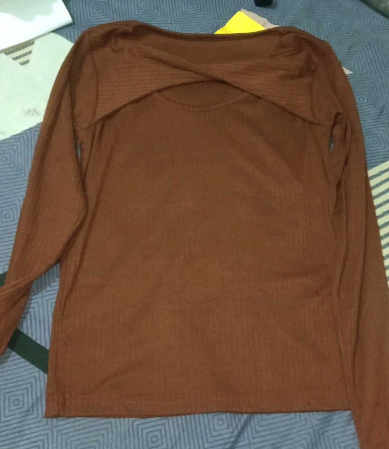 Brown Ribbed Long Sleeve Top