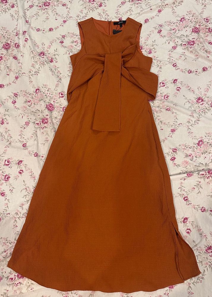 Chic Bow Front Midi Dress - Burnt Orange/Brown