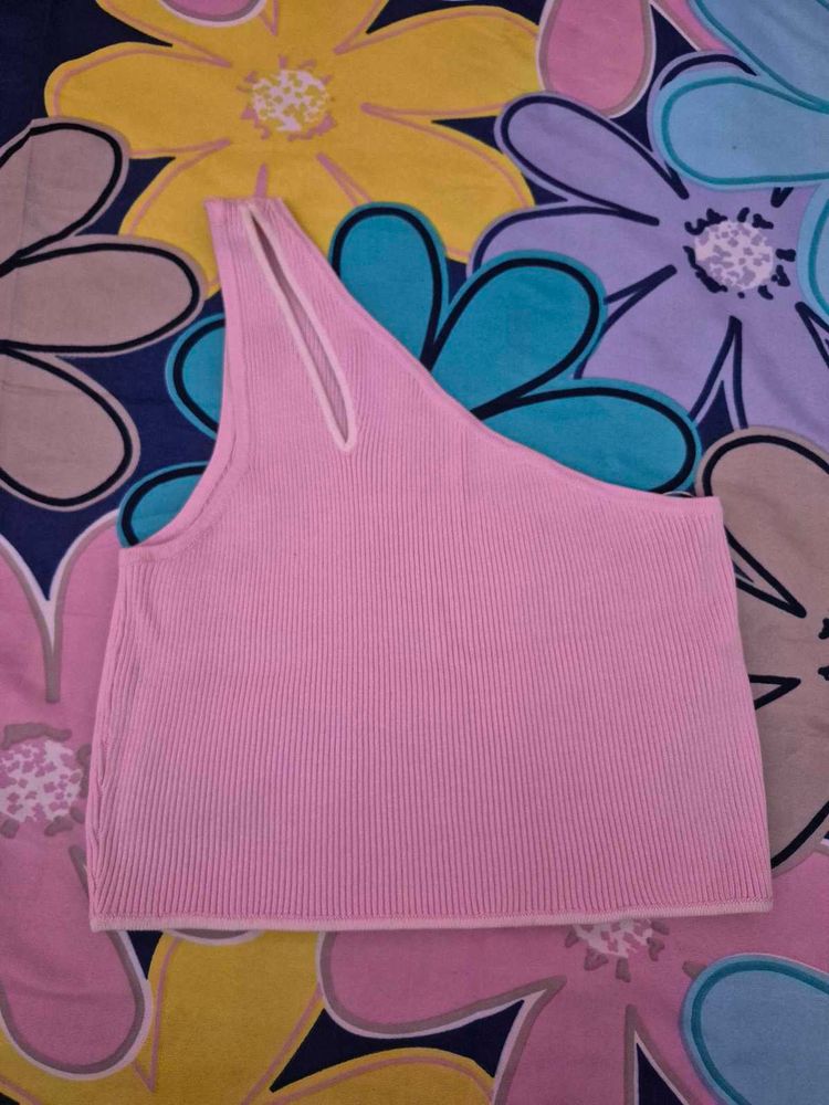 Chic Pink One-Shoulder Ribbed Top