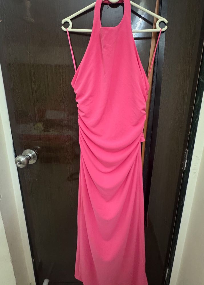 Elegant Halter Neck Pink Maxi  back less Dress