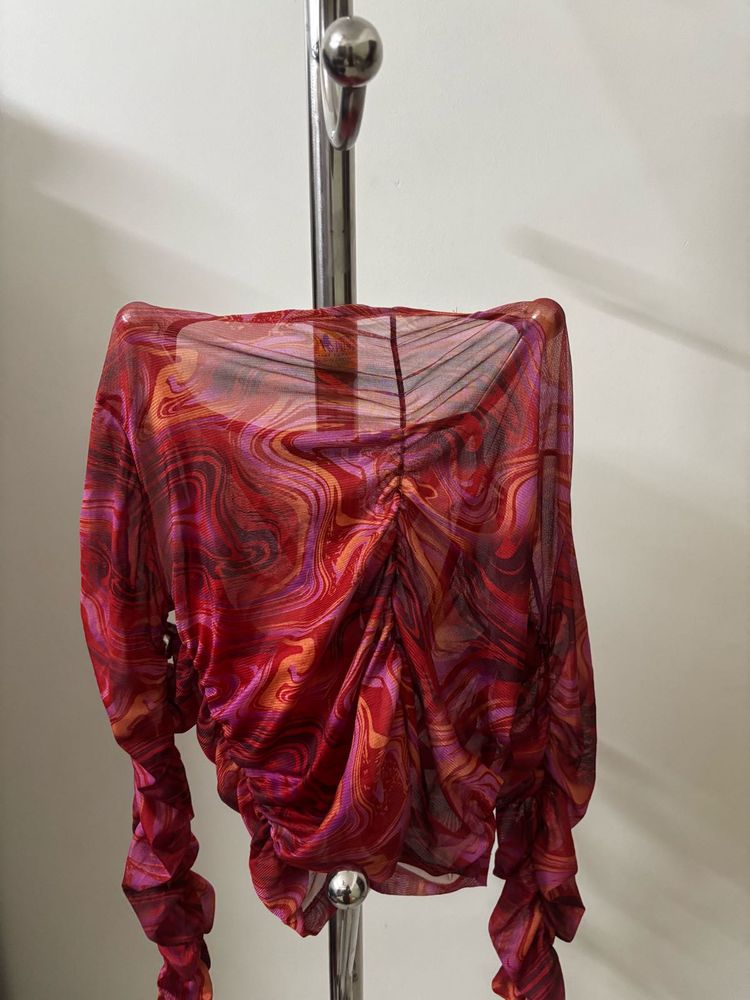 Sheer Marble Print Ruched Top