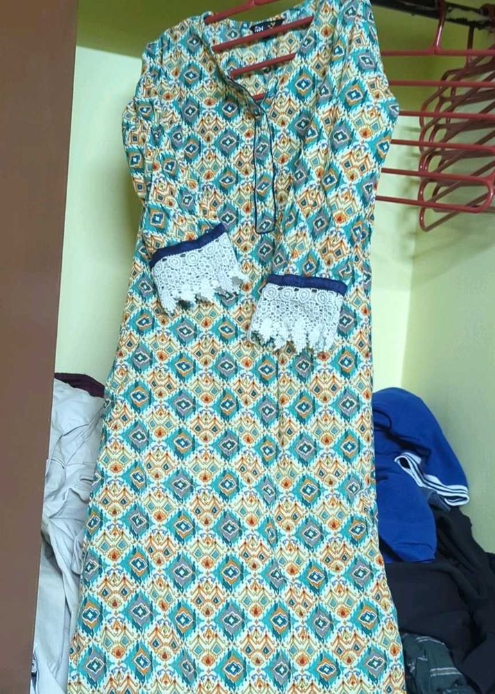 Designer Printed long Kurta with Lace Cuffs