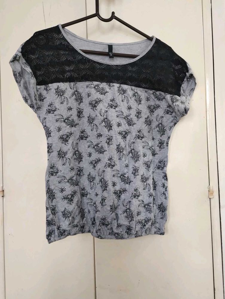 Grey Floral Lace Top