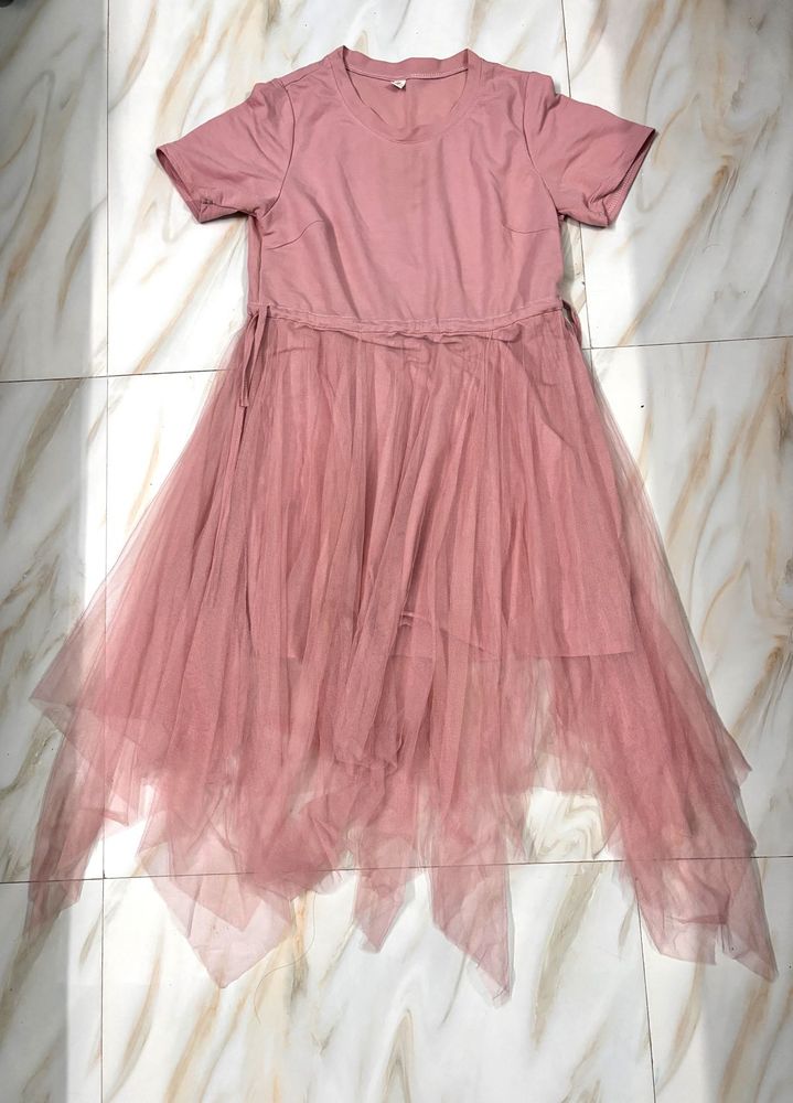 Chic Pink Tulle Overlay Dress