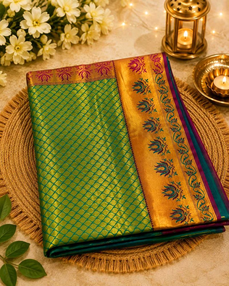 Elegant Green &amp; Gold Designer Silk Saree with Lotu